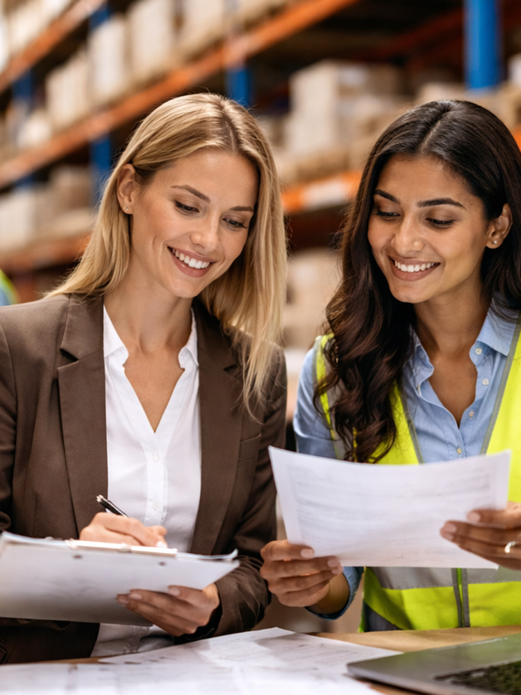 Employers reviewing job advertising documents for LMIA hiring while recruiting Canadian workers in a warehouse environment