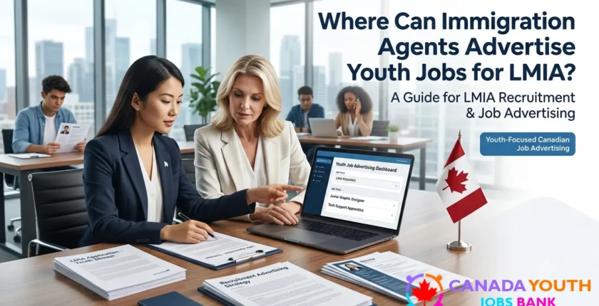 Immigration consultant and employer discussing youth job advertising for LMIA recruitment in Canada
